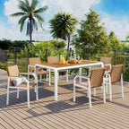 Ensemble de meubles d'extérieur en osier de 6 chaises, table de salle à manger de patio de 7 pièces avec plateau en bois, ensemble de salle à manger d'extérieur