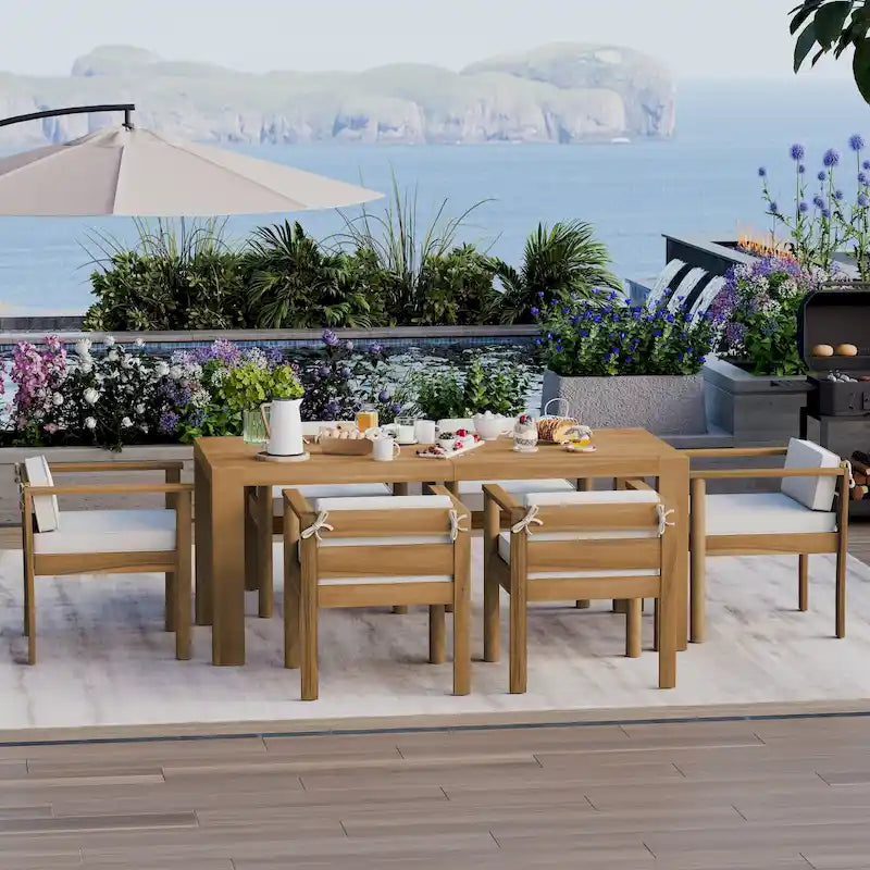 Ensemble de salle à manger d'extérieur 7 pièces pour 6 personnes avec table rectangulaire et chaises avec coussins amovibles