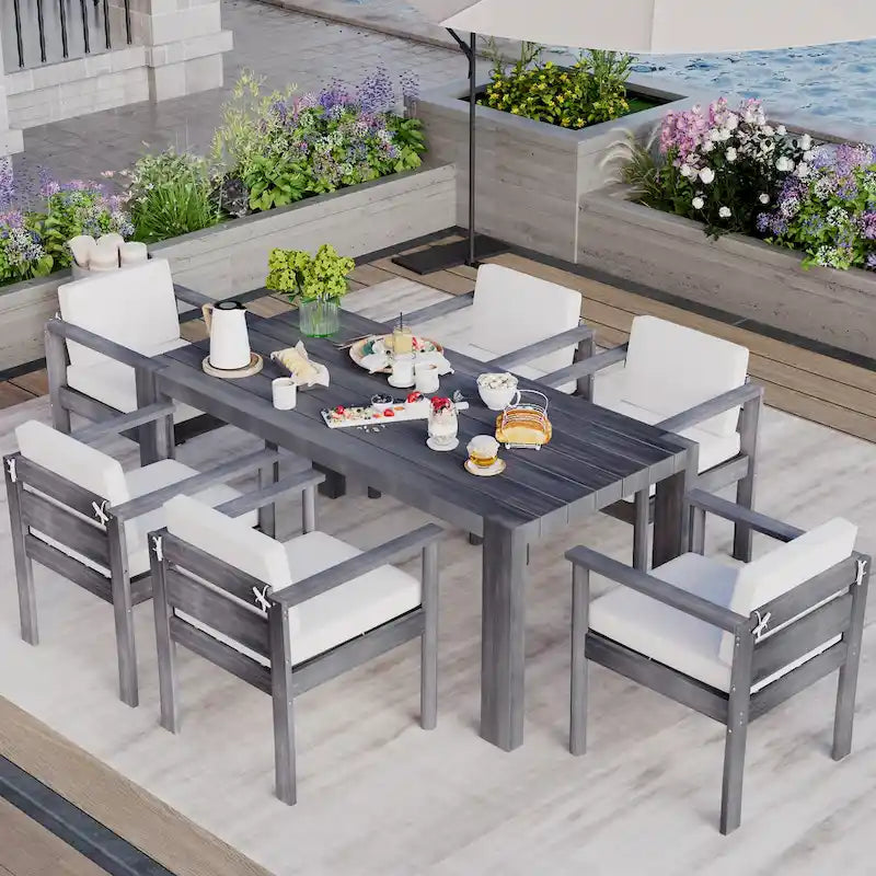 Ensemble de salle à manger d'extérieur 7 pièces pour 6 personnes avec table rectangulaire et chaises avec coussins amovibles