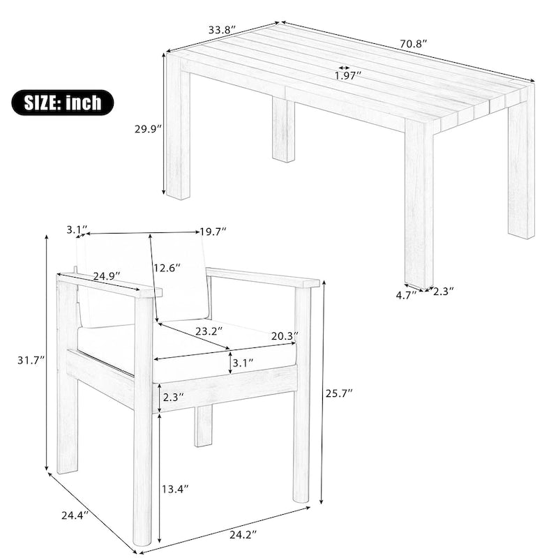 Ensemble de salle à manger d'extérieur 7 pièces pour 6 personnes avec table rectangulaire et chaises avec coussins amovibles