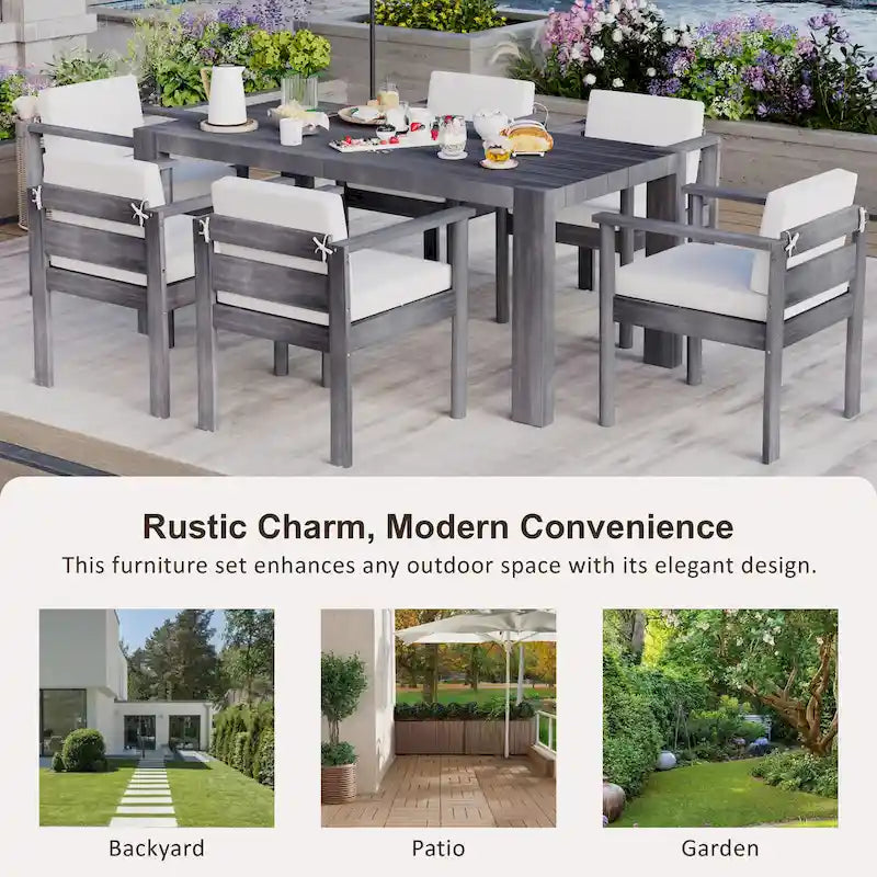 Ensemble de salle à manger d'extérieur 7 pièces pour 6 personnes avec table rectangulaire et chaises avec coussins amovibles