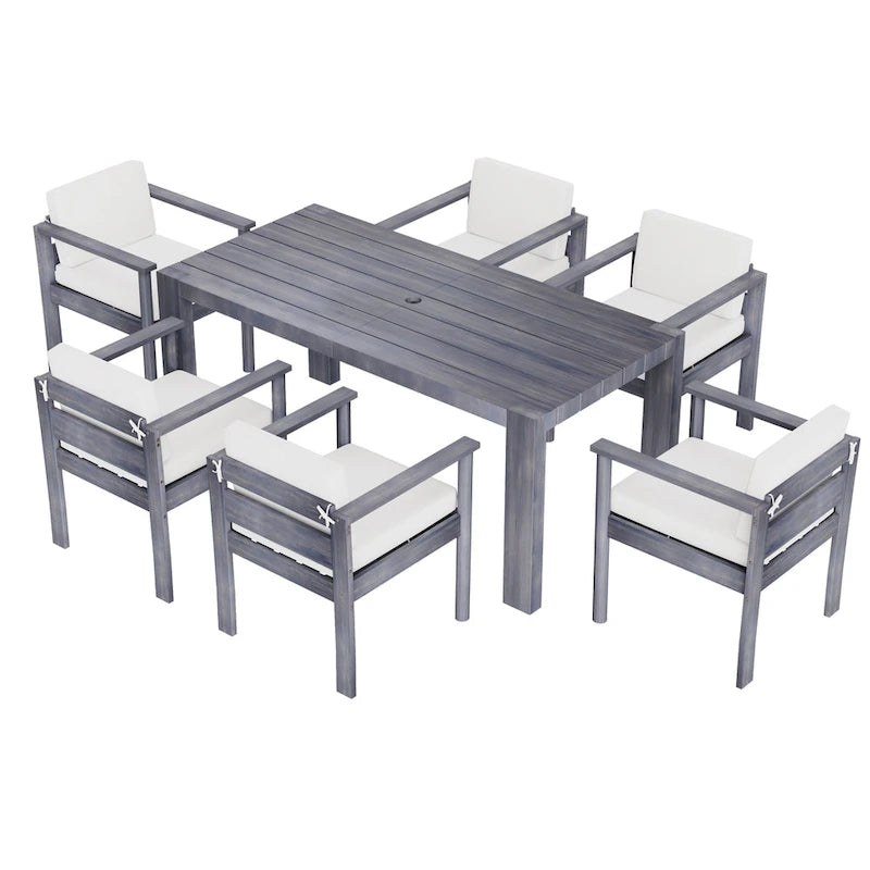 Ensemble de salle à manger d'extérieur 7 pièces pour 6 personnes avec table rectangulaire et chaises avec coussins amovibles