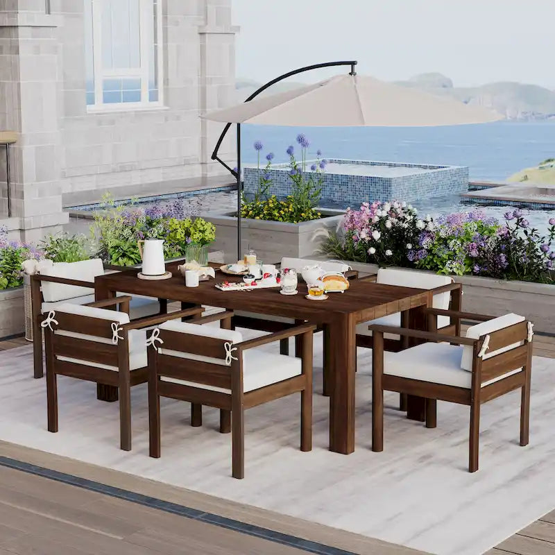 Ensemble de salle à manger d'extérieur 7 pièces pour 6 personnes avec table rectangulaire et chaises avec coussins amovibles