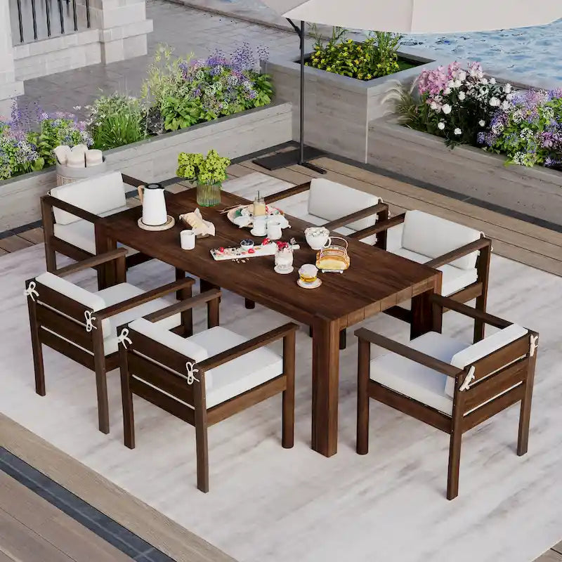 Ensemble de salle à manger d'extérieur 7 pièces pour 6 personnes avec table rectangulaire et chaises avec coussins amovibles