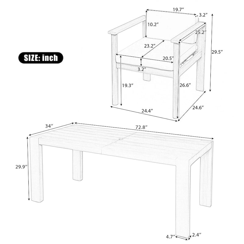 Ensemble de salle à manger d'extérieur 7 pièces pour 6 personnes avec table rectangulaire et chaises avec coussins amovibles