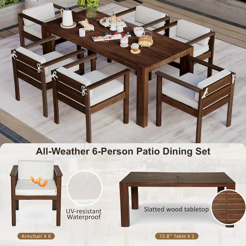 Ensemble de salle à manger d'extérieur 7 pièces pour 6 personnes avec table rectangulaire et chaises avec coussins amovibles