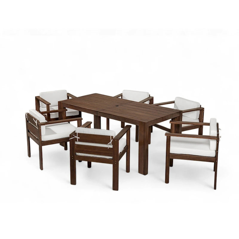 Ensemble de salle à manger d'extérieur 7 pièces pour 6 personnes avec table rectangulaire et chaises avec coussins amovibles