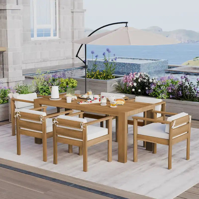 Ensemble de salle à manger d'extérieur 7 pièces pour 6 personnes avec table rectangulaire et chaises avec coussins amovibles