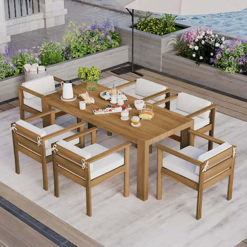 Ensemble de salle à manger d'extérieur 7 pièces pour 6 personnes avec table rectangulaire et chaises avec coussins amovibles