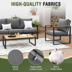 Ensembles de meubles d'extérieur 4 pièces, ensembles de conversation de patio modernes en fer avec canapé et coussin gris, cadre en grain de bois synthétique, table basse