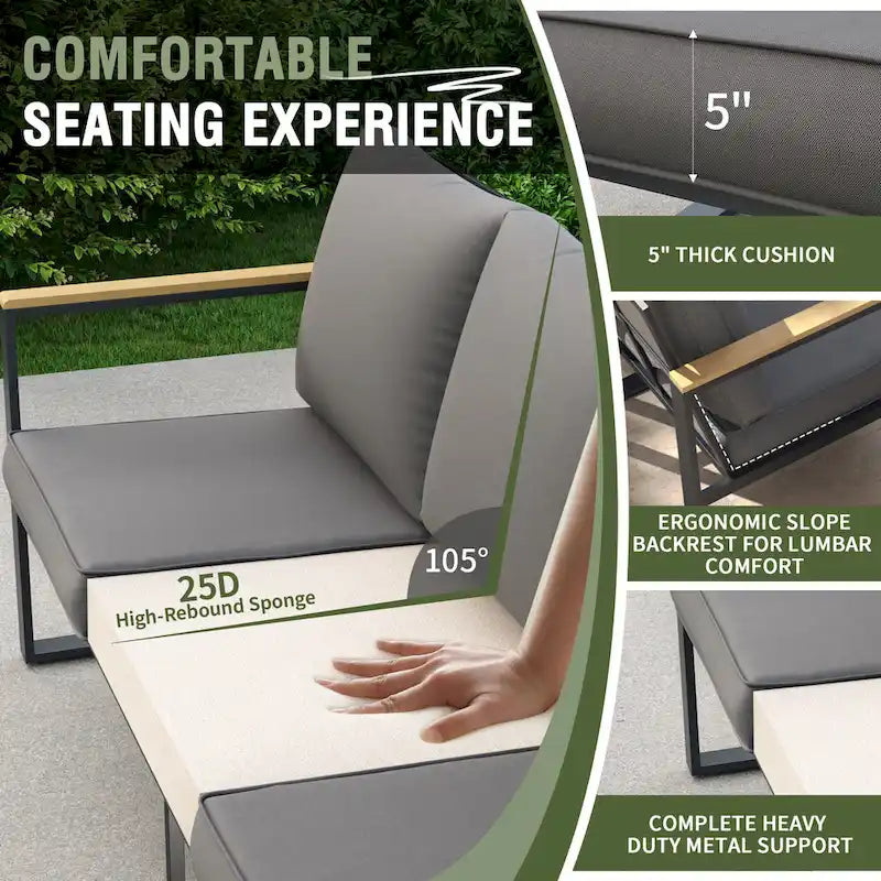Ensembles de meubles d'extérieur 4 pièces, ensembles de conversation de patio modernes en fer avec canapé et coussin gris, cadre en grain de bois synthétique, table basse