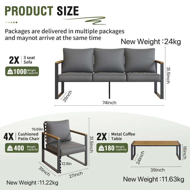 Ensembles de meubles d'extérieur 4 pièces, ensembles de conversation de patio modernes en fer avec canapé et coussin gris, cadre en grain de bois synthétique, table basse