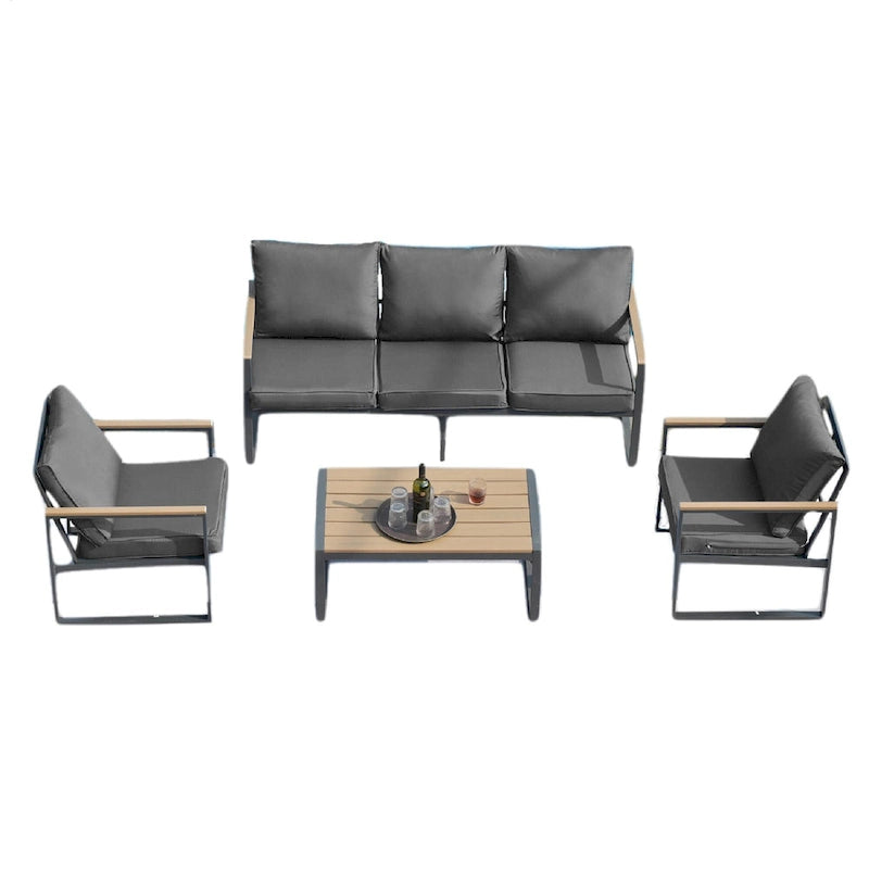 Ensembles de meubles d'extérieur 4 pièces, ensembles de conversation de patio modernes en fer avec canapé et coussin gris, cadre en grain de bois synthétique, table basse