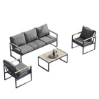 Ensembles de meubles d'extérieur 4 pièces, ensembles de conversation de patio modernes en fer avec canapé et coussin gris, cadre en grain de bois synthétique, table basse