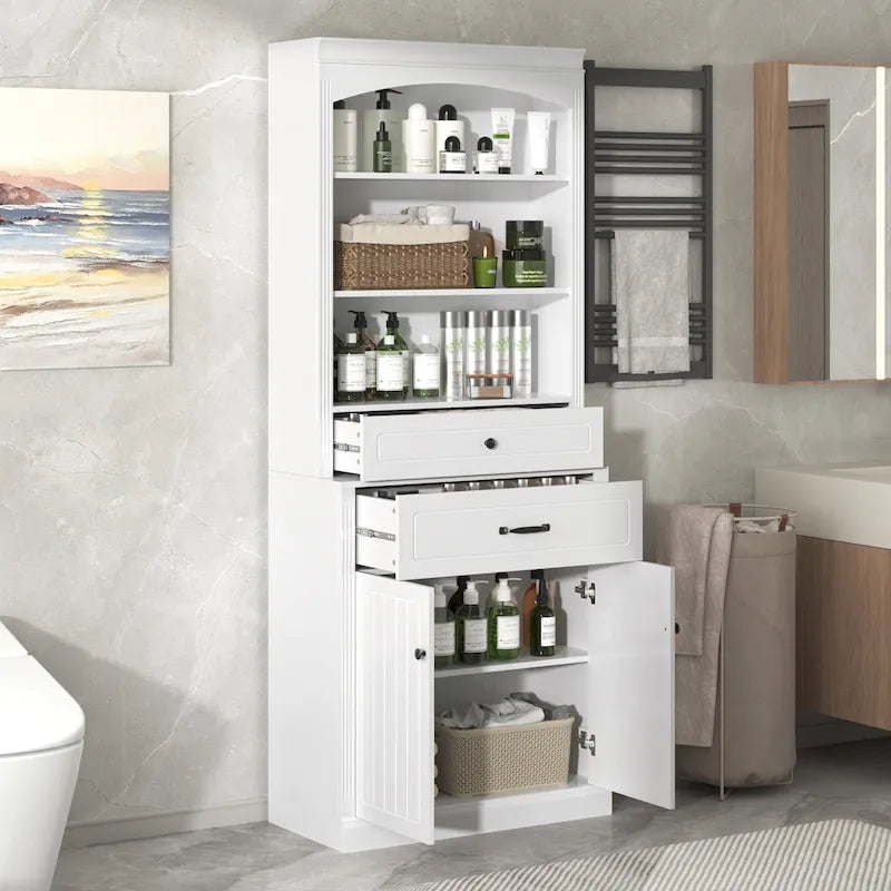 Meuble de Rangement de Salle de Bain en MDF Blanc avec 2 Portes, 2 Tiroirs et Étagères Réglables