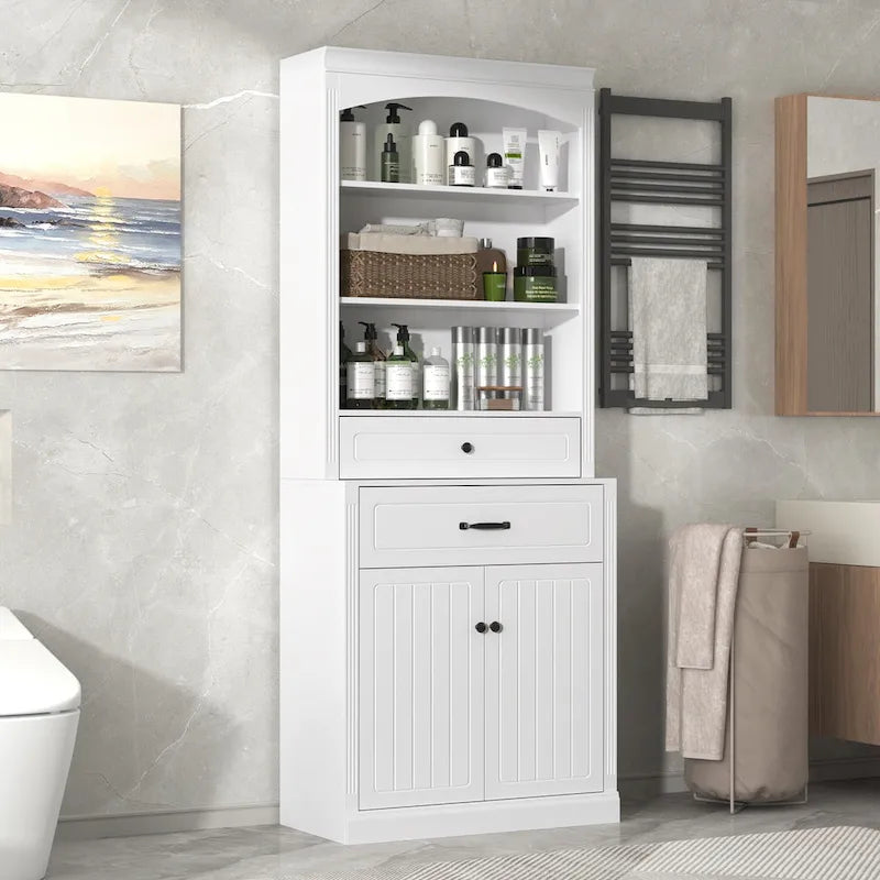 Meuble de Rangement de Salle de Bain en MDF Blanc avec 2 Portes, 2 Tiroirs et Étagères Réglables
