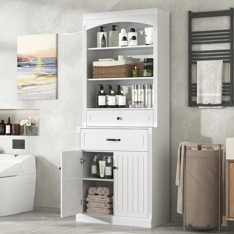 Meuble de Rangement de Salle de Bain en MDF Blanc avec 2 Portes, 2 Tiroirs et Étagères Réglables