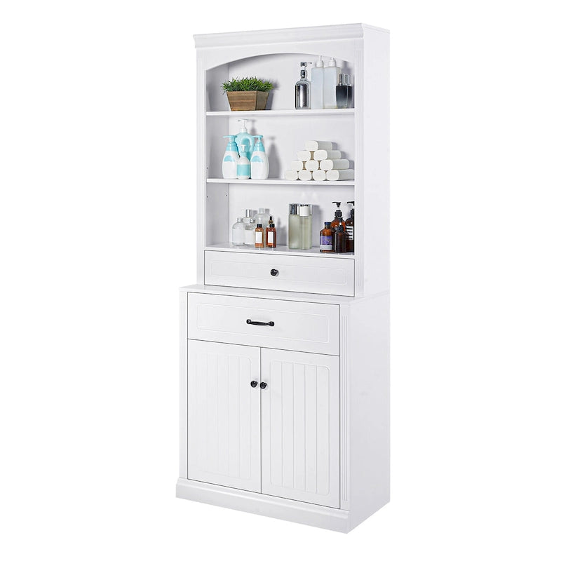 Meuble de Rangement de Salle de Bain en MDF Blanc avec 2 Portes, 2 Tiroirs et Étagères Réglables