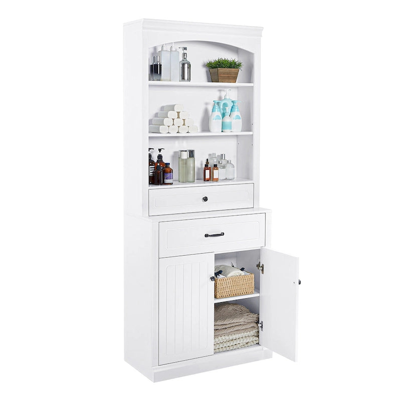 Meuble de Rangement de Salle de Bain en MDF Blanc avec 2 Portes, 2 Tiroirs et Étagères Réglables