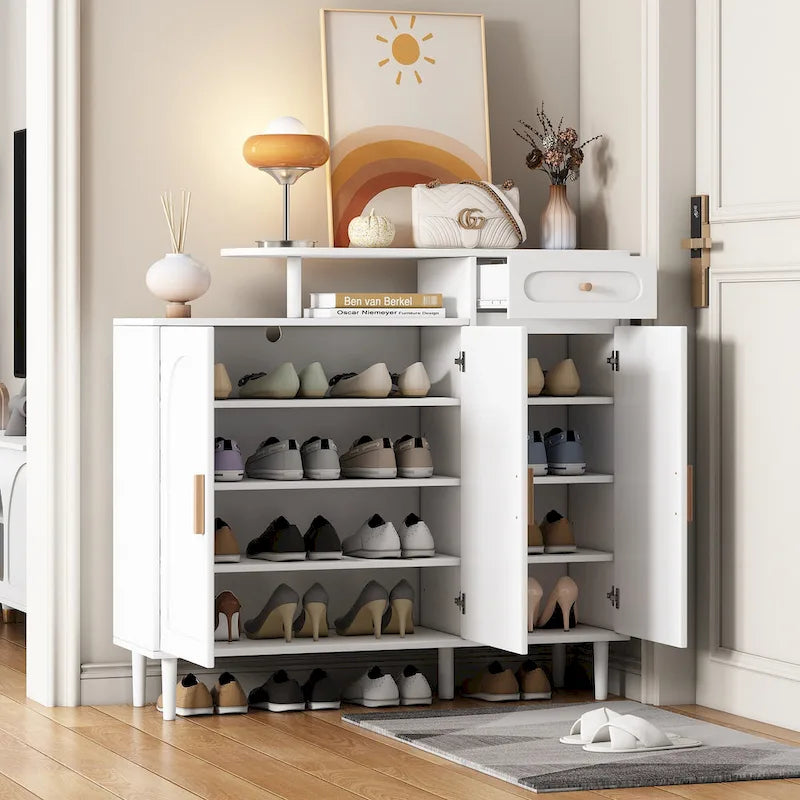 Meuble à chaussures noir en panneau de particules, avec portes arquées, un tiroir et des étagères réglables