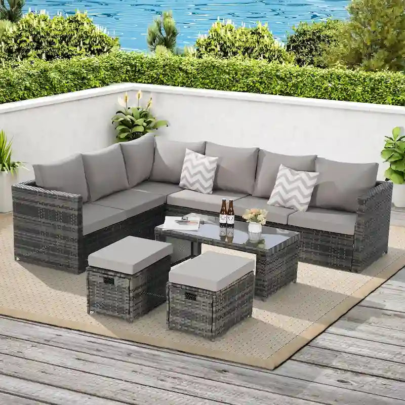 Ensemble de conversation d'extérieur 6 pièces en rotin synthétique tressé résistant aux intempéries avec table en verre, coussins d'assise et oreillers décoratifs