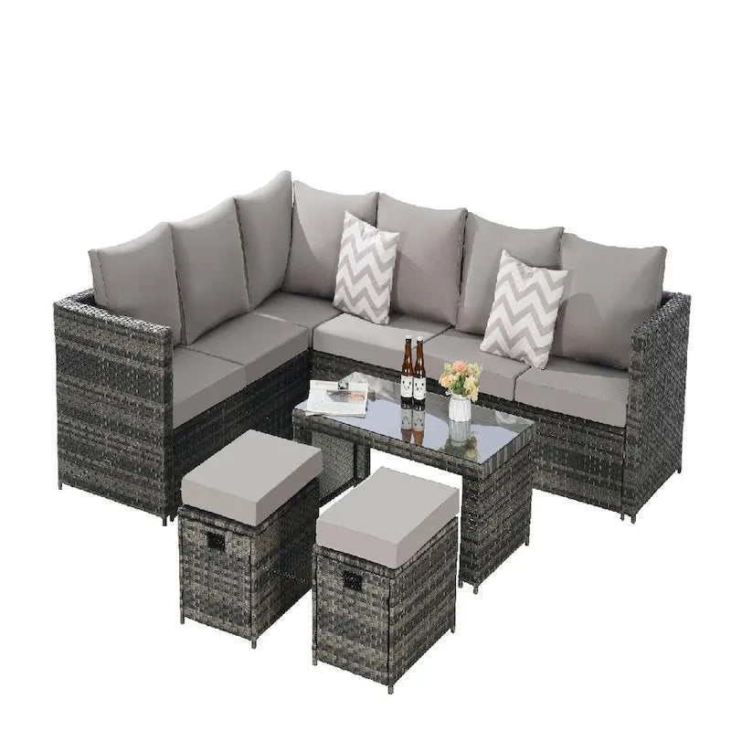 Ensemble de conversation d'extérieur 6 pièces en rotin synthétique tressé résistant aux intempéries avec table en verre, coussins d'assise et oreillers décoratifs