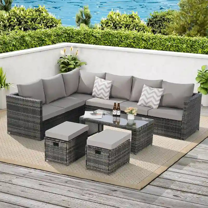 Ensemble de conversation d'extérieur 6 pièces en rotin synthétique tressé résistant aux intempéries avec table en verre, coussins d'assise et oreillers décoratifs