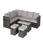 Ensemble de conversation d'extérieur 6 pièces en rotin synthétique tressé résistant aux intempéries avec table en verre, coussins d'assise et oreillers décoratifs