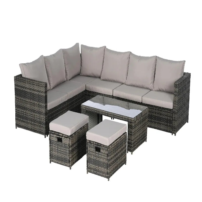 Ensemble de conversation d'extérieur 6 pièces en rotin synthétique tressé résistant aux intempéries avec table en verre, coussins d'assise et oreillers décoratifs