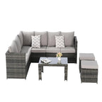 Ensemble de conversation d'extérieur 6 pièces en rotin synthétique tressé résistant aux intempéries avec table en verre, coussins d'assise et oreillers décoratifs