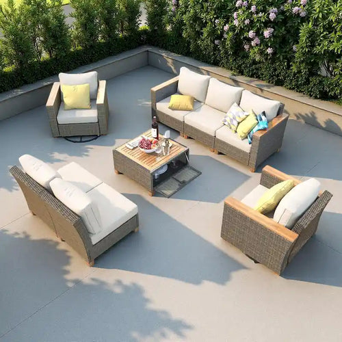 8-Piece Outdoor Patio Wicker Conversation Sofa Set with 2 Swivel Rocking Chairs and Acacia Storage Table