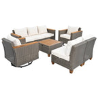 Ensemble de 8 pièces de canapé d'extérieur en osier pour patio avec 2 fauteuils pivotants à bascule et table de rangement en acacia