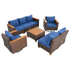 Ensemble de 8 pièces de canapé d'extérieur en osier pour patio avec 2 fauteuils pivotants à bascule et table de rangement en acacia