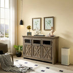 Buffet en bois composite gris patiné style ferme à 3 portes avec portes coulissantes et étagère réglable