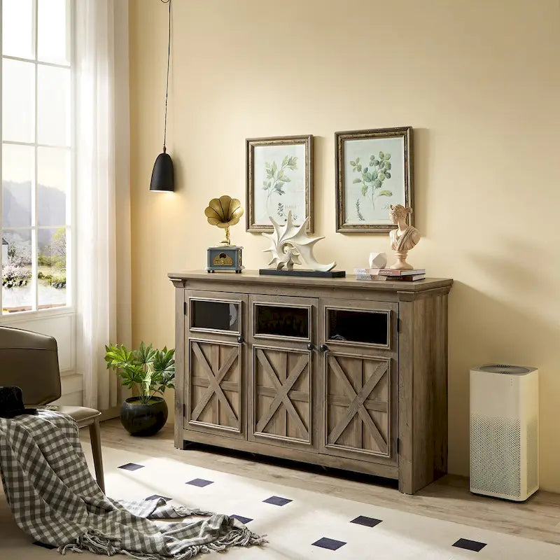 Buffet en bois composite gris patiné style ferme à 3 portes avec portes coulissantes et étagère réglable