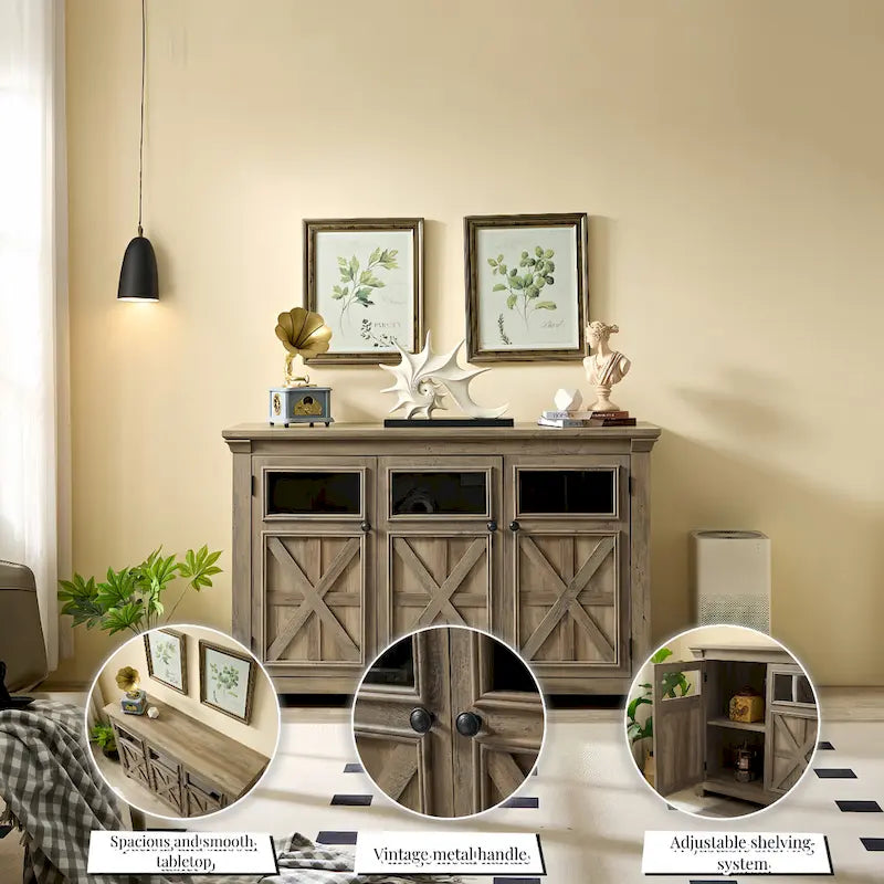 Buffet en bois composite gris patiné style ferme à 3 portes avec portes coulissantes et étagère réglable