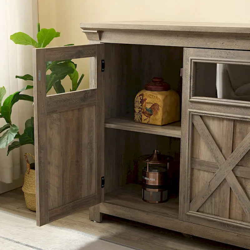 Buffet en bois composite gris patiné style ferme à 3 portes avec portes coulissantes et étagère réglable
