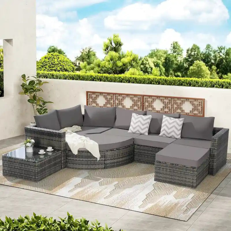 Canapé d'angle modulable 8 pièces avec table en verre