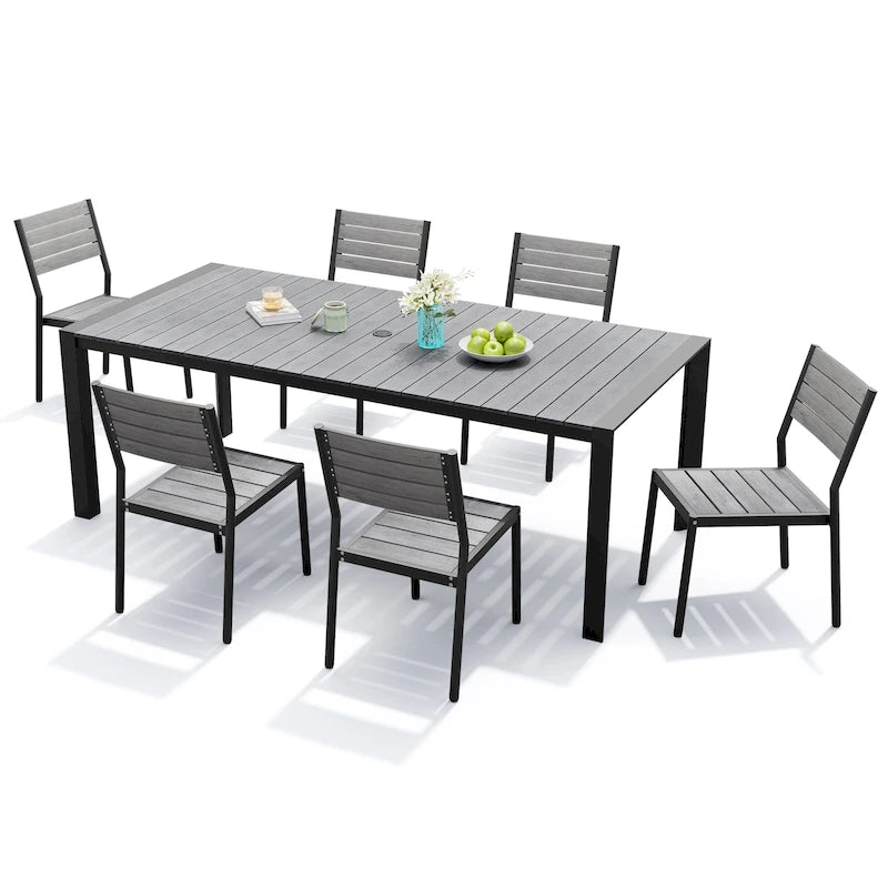 Ensemble de salle à manger d'extérieur 7 pièces avec chaises empilables et table de salle à manger avec trou pour parasol