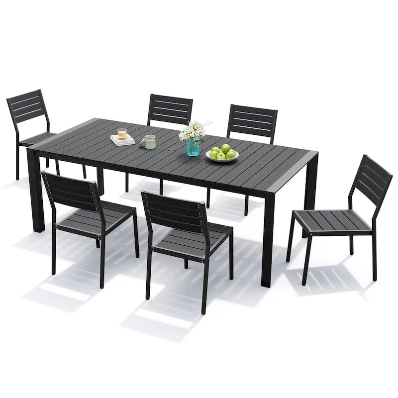 Ensemble de salle à manger d'extérieur 7 pièces avec chaises empilables et table de salle à manger avec trou pour parasol