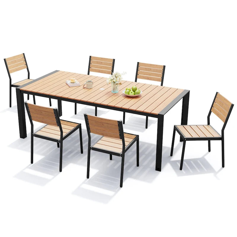 Ensemble de salle à manger d'extérieur 7 pièces avec chaises empilables et table de salle à manger avec trou pour parasol