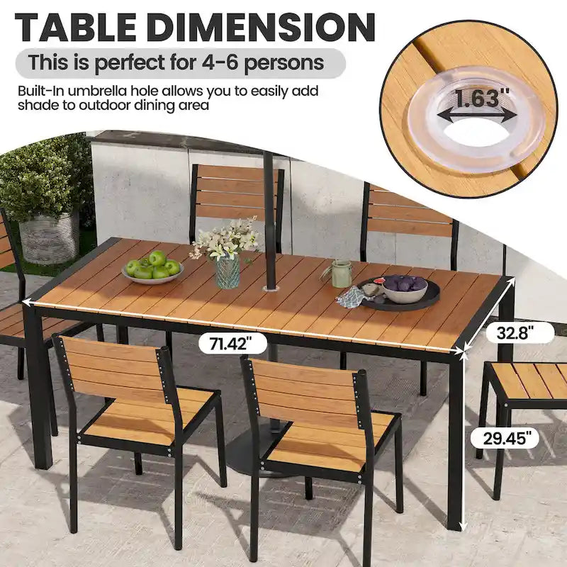 Ensemble de salle à manger d'extérieur 7 pièces avec chaises empilables et table de salle à manger avec trou pour parasol