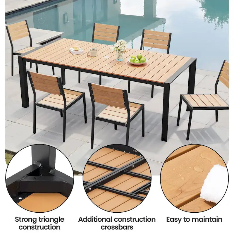 Ensemble de salle à manger d'extérieur 7 pièces avec chaises empilables et table de salle à manger avec trou pour parasol
