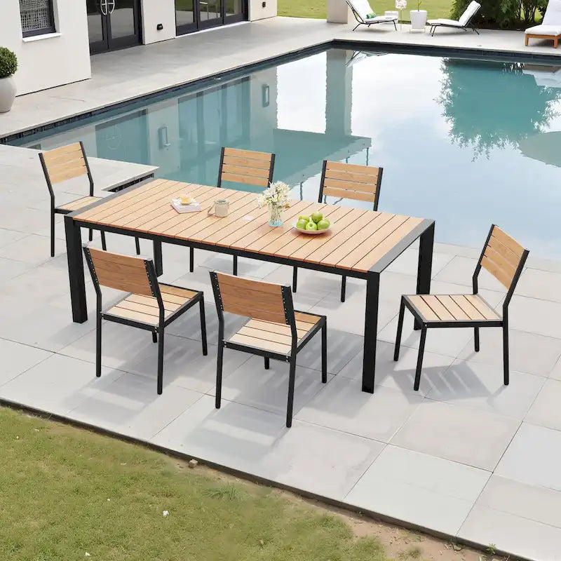 Ensemble de salle à manger d'extérieur 7 pièces avec chaises empilables et table de salle à manger avec trou pour parasol
