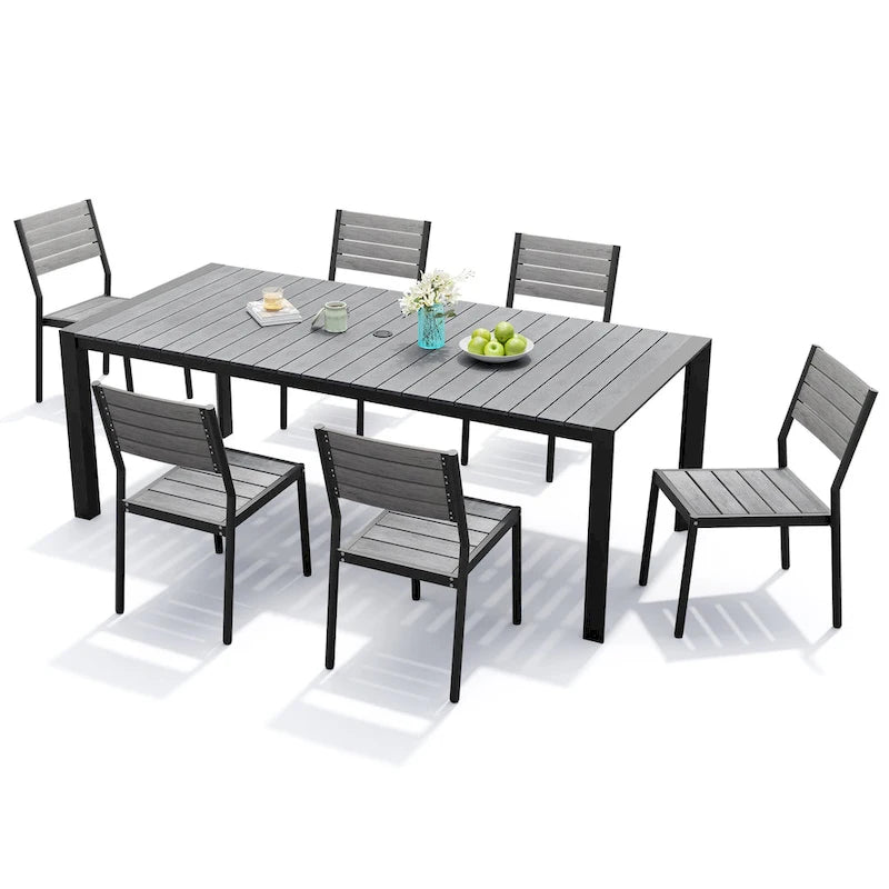 Ensemble de salle à manger d'extérieur 7 pièces avec chaises empilables et table de salle à manger avec trou pour parasol