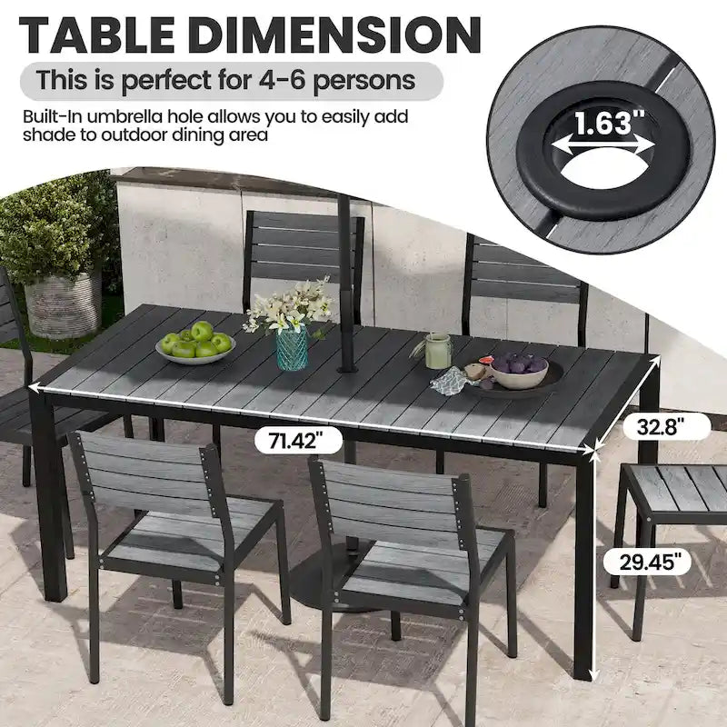 Ensemble de salle à manger d'extérieur 7 pièces avec chaises empilables et table de salle à manger avec trou pour parasol