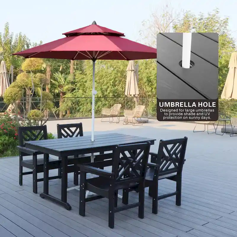 Ensemble de 5 pièces pour table et chaises de salle à manger d'extérieur, ensemble de meubles de jardin en bois, table rectangulaire avec trou pour parasol et 4 chaises