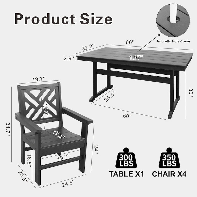 Ensemble de 5 pièces pour table et chaises de salle à manger d'extérieur, ensemble de meubles de jardin en bois, table rectangulaire avec trou pour parasol et 4 chaises