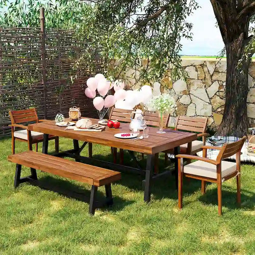 7 Piece Outdoor Patio Wooden Dining Set, All Weather Patio Furniture Set with Rectangular Table, 6 Chairs and 1 Bench
