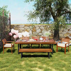 Ensemble de salle à manger d'extérieur en bois de 7 pièces, mobilier de terrasse toutes saisons avec table rectangulaire, 6 chaises et 1 banc